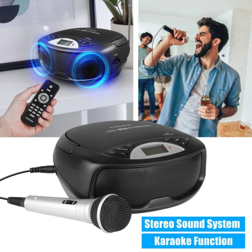 Portable CD Player Bluetooth Boombox, FM Radio with Remote, Karaoke, Playback CD/MP3, Front Aux-in Port, Headphone Jack, Tiny Body, LCD Display,