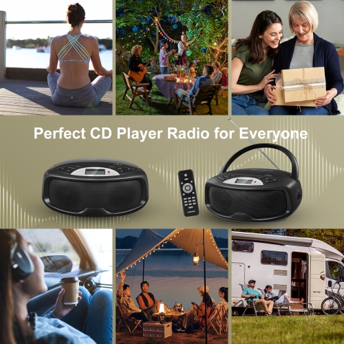 Portable CD Player Bluetooth Boombox, FM Radio with Remote, Karaoke, Playback CD/MP3, Front Aux-in Port, Headphone Jack, Tiny Body, LCD Display,