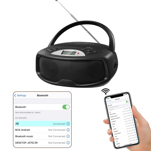 Portable CD Player Bluetooth Boombox, FM Radio with Remote, Karaoke, Playback CD/MP3, Front Aux-in Port, Headphone Jack, Tiny Body, LCD Display,