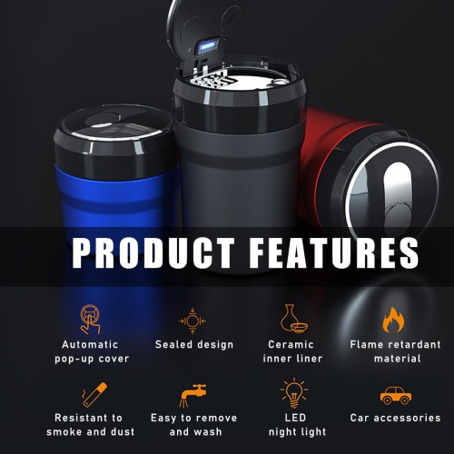 Car ashtray Portable smokeless car ashtray With lid and LED light Suitable for most vehicles Universal car accessories Small size