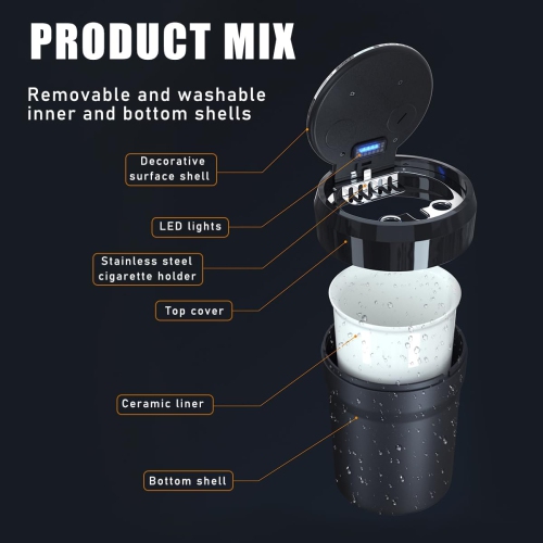 Car ashtray Portable smokeless car ashtray With lid and LED light Suitable for most vehicles Universal car accessories Small size