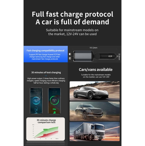 X3 toit étoilé chargeur de téléphone mobile 66&nbsp;W télescopique multifonction super rapide lampe d'ambiance PD30, chargeur de voiture X3 toit