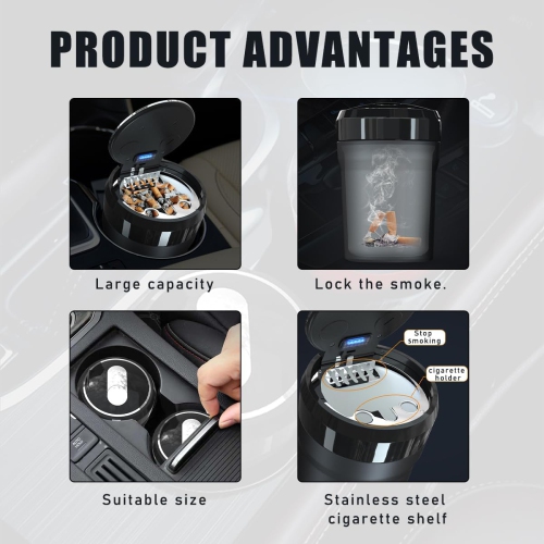 Car Ashtray Portable Smokeless Car Ashtray with Lid and LED Light Suitable for Most Vehicles Universal Car Accessories Medium Size