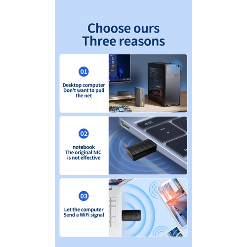 Carte réseau sans fil, carte réseau bibande sans pilote, interface USB intelligente, prise directe pour ordinateur, vitesse 650 Mo/s, noir