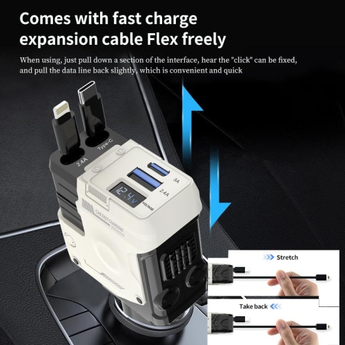 Mecha retractable cable car charger 120W super fast charging one to three car cigarette lighter flash charging 66W fast charging 2 retractable cables