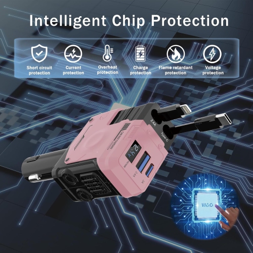 Mecha retractable cable car charger 120W super fast charging one to three car cigarette lighter flash charging 66W fast charging 2 retractable cables