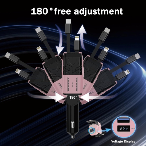 Mecha retractable cable car charger 120W super fast charging one to three car cigarette lighter flash charging 66W fast charging 2 retractable cables
