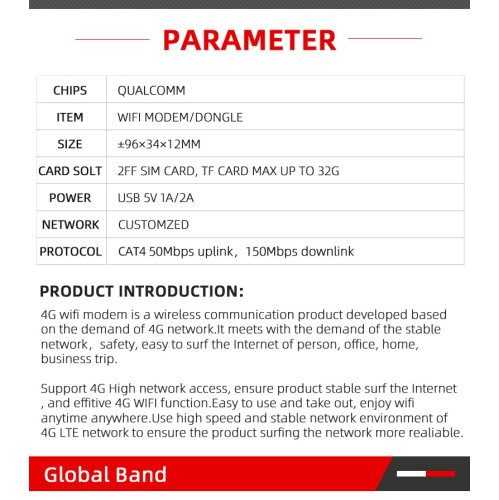 4G LTE Wireless USB Adapter Mobile Broadband 150Mbps Modem, UF7-B