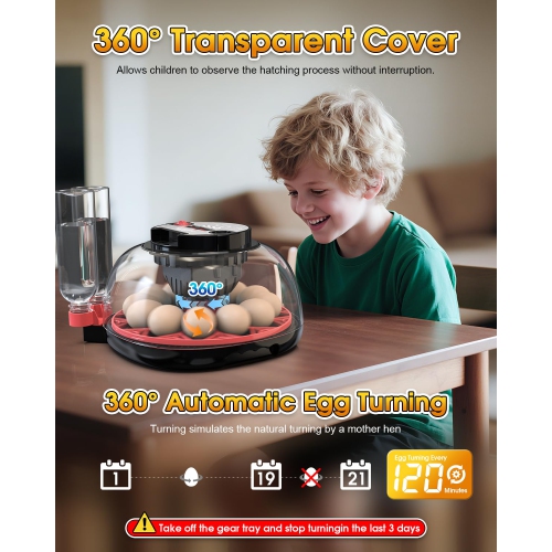 Incubators for Hatching Eggs,12 Egg Incubator with Automatic Egg Turning and Humidity Control,360° Viewing for Chicken,Quail Eggs