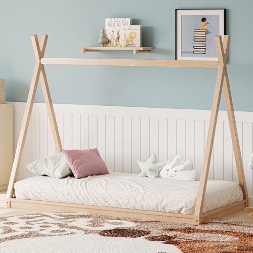 Tente lit jumeau en bois Kepooman pour enfants, lit bas de style Montessori - Naturel