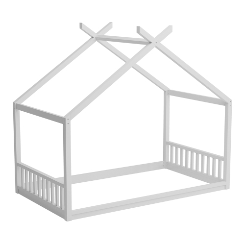Kepooman Twin Size Montessori Style House Bed for Kids,Floor Bed Frame with Headboard and Footboard - White