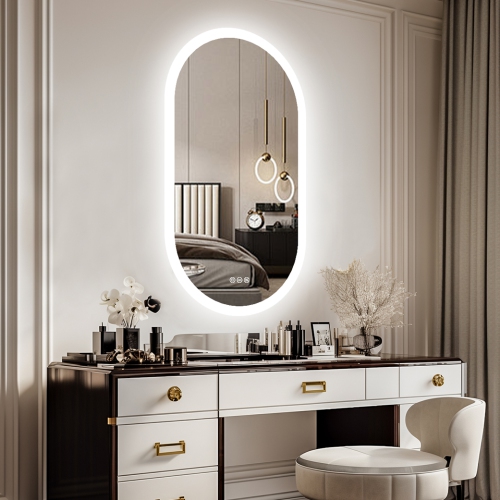 20 x 32 Inch LED Bathroom Mirror with Lights, Oval Anti-Fog Dimmable Wall Mounted Makeup Mirror with Front and Backlit, Modern Vanity Mirror with