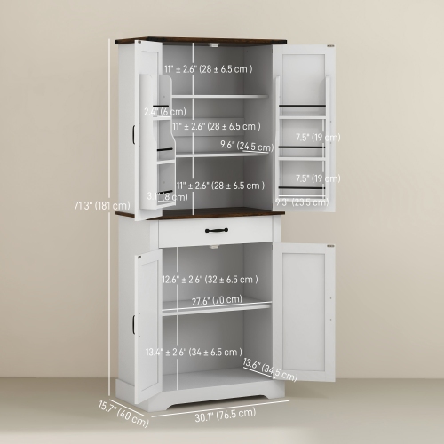 HOMCOM 71" Tall Pantry Cabinet, Farmhouse Kitchen Pantry with 6 Door Shelves and Drawer, Freestanding 4-Door Storage Cabinet with Adjustable Shelves,
