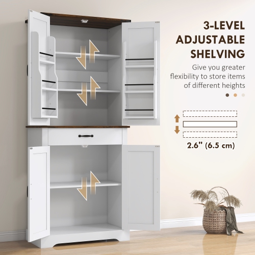 HOMCOM 71" Tall Pantry Cabinet, Farmhouse Kitchen Pantry with 6 Door Shelves and Drawer, Freestanding 4-Door Storage Cabinet with Adjustable Shelves,
