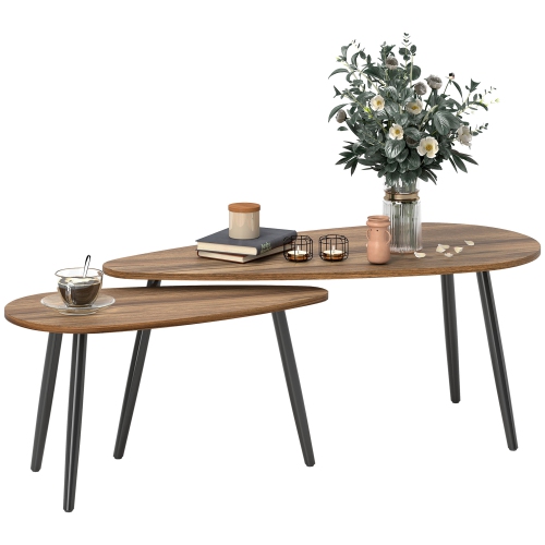 Image 1 of 9.. HOMCOM Nesting Coffee Tables Set of 2, Triangle End Tables with Steel Legs, Industrial Side Tables for Living Room, Bedroom, Brown