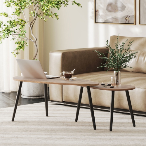 HOMCOM Nesting Coffee Tables Set of 2, Triangle End Tables with Steel Legs, Industrial Side Tables for Living Room, Bedroom, Brown