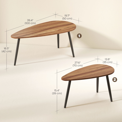 HOMCOM Nesting Coffee Tables Set of 2, Triangle End Tables with Steel Legs, Industrial Side Tables for Living Room, Bedroom, Brown