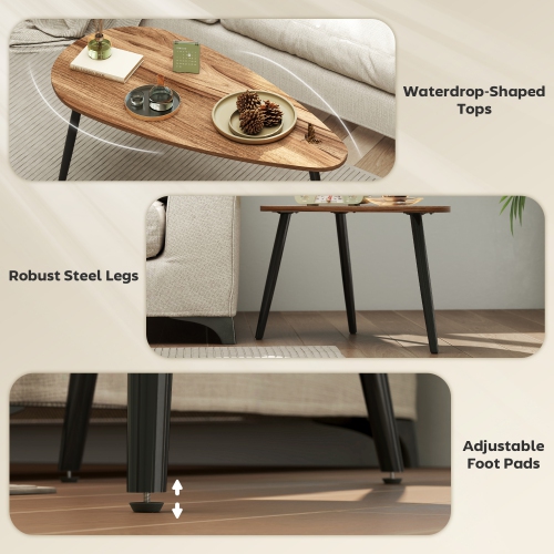 HOMCOM Nesting Coffee Tables Set of 2, Triangle End Tables with Steel Legs, Industrial Side Tables for Living Room, Bedroom, Brown