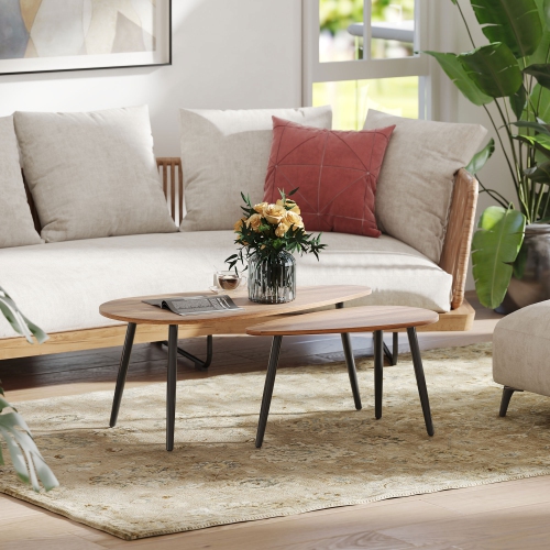 HOMCOM Nesting Coffee Tables Set of 2, Triangle End Tables with Steel Legs, Industrial Side Tables for Living Room, Bedroom, Brown