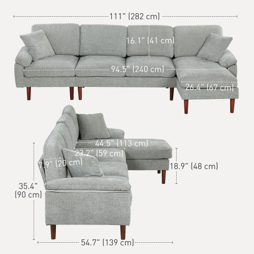 HOMCOM Changeable Sectional Sofa with Chaise Lounge, 111" Modern 4-Seater Couch with Pillows, Wooden Legs, L-Shape Corner Sofa for Living Room, Grey