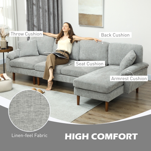 HOMCOM Changeable Sectional Sofa with Chaise Lounge, 111" Modern 4-Seater Couch with Pillows, Wooden Legs, L-Shape Corner Sofa for Living Room, Grey