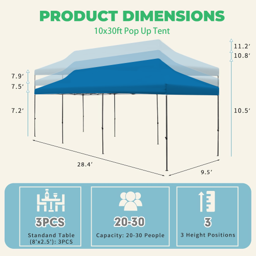 EROMMY 10'x30' Pop-Up Canopy Tent – Instant Setup, Portable & Sturdy for Outdoor Camping, Markets – Blue