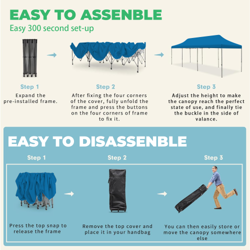EROMMY 10'x30' Pop-Up Canopy Tent – Instant Setup, Portable & Sturdy for Outdoor Camping, Markets – Blue