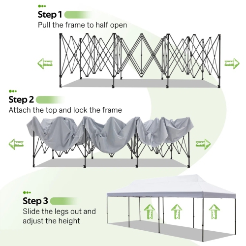 Tente escamotable de 10 x 30 pi d'EROMMY – Installation instantanée, portative et robuste pour le camping extérieur, marchés – Blanc