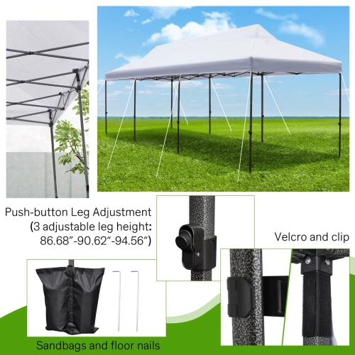 Tente escamotable de 10 x 30 pi d'EROMMY – Installation instantanée, portative et robuste pour le camping extérieur, marchés – Blanc