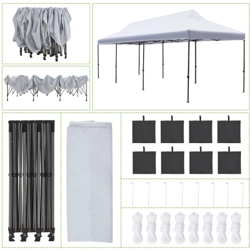 Tente escamotable de 10 x 30 pi d'EROMMY – Installation instantanée, portative et robuste pour le camping extérieur, marchés – Blanc