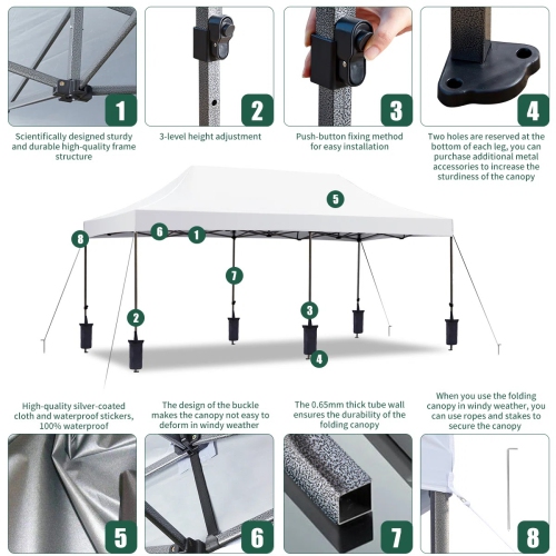 Tente d'extérieur escamotable instantanée de 10 x 20 pi d'EROMMY – Installation rapide, blanc – Abri portatif pour le camping, les fêtes et les