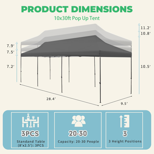 Tente escamotable de 10 x 30 pi d'EROMMY – Installation instantanée, portative et robuste pour le camping extérieur, marchés – Gris
