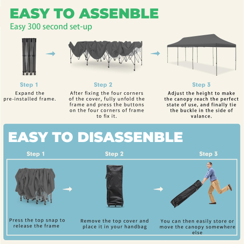 Tente escamotable de 10 x 30 pi d'EROMMY – Installation instantanée, portative et robuste pour le camping extérieur, marchés – Gris