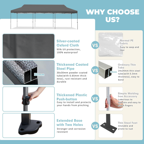 Tente escamotable de 10 x 30 pi d'EROMMY – Installation instantanée, portative et robuste pour le camping extérieur, marchés – Gris