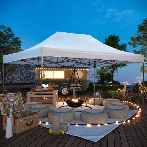 Tente à auvent escamotable instantanée de 10 x 15 pi d'EROMMY – Installation facile, blanc – Abri extérieur pour le camping et la cour arrière