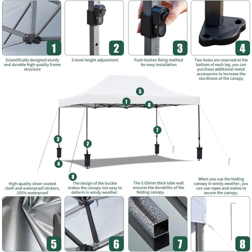 Tente à auvent escamotable instantanée de 10 x 15 pi d'EROMMY – Installation facile, blanc – Abri extérieur pour le camping et la cour arrière