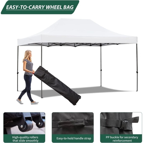 Tente à auvent escamotable instantanée de 10 x 15 pi d'EROMMY – Installation facile, blanc – Abri extérieur pour le camping et la cour arrière