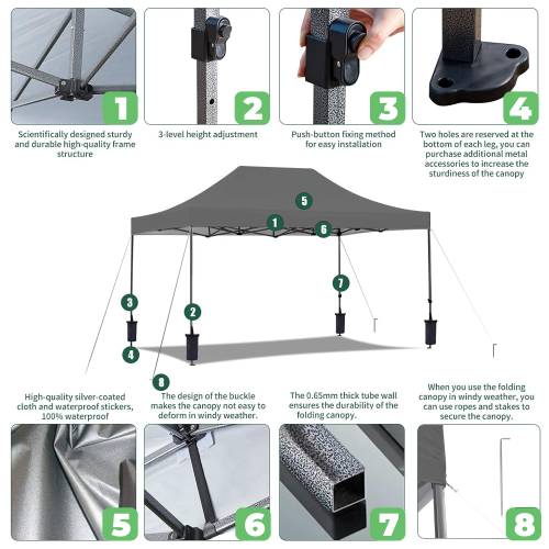 Tente à auvent escamotable instantanée de 10 x 15 pi d'EROMMY – Installation facile, gris – Abri extérieur pour le camping et la cour arrière
