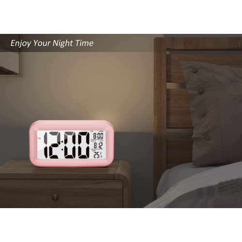 Digital Alarm Clock, Bedroom Alarm Clock with Smart Night Light, Room Temperature, Large LED Display, Battery Powered Desk Clock, English Version Pink