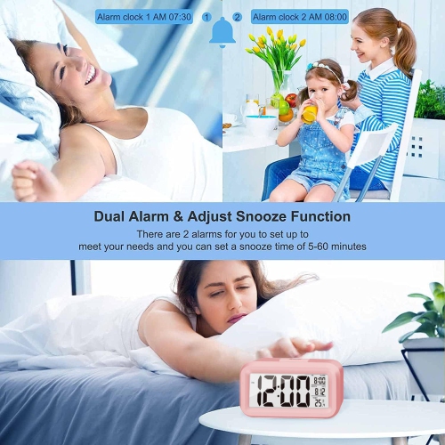 Digital Alarm Clock, Bedroom Alarm Clock with Smart Night Light, Room Temperature, Large LED Display, Battery Powered Desk Clock, English Version Pink