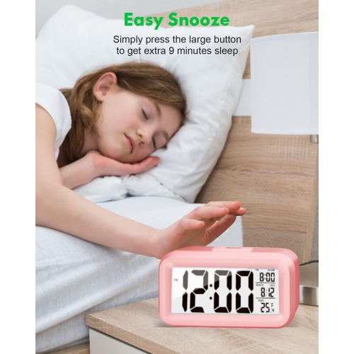 Digital Alarm Clock, Bedroom Alarm Clock with Smart Night Light, Room Temperature, Large LED Display, Battery Powered Desk Clock, English Version Pink