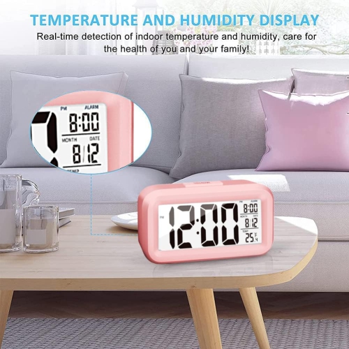 Digital Alarm Clock, Bedroom Alarm Clock with Smart Night Light, Room Temperature, Large LED Display, Battery Powered Desk Clock, English Version Pink