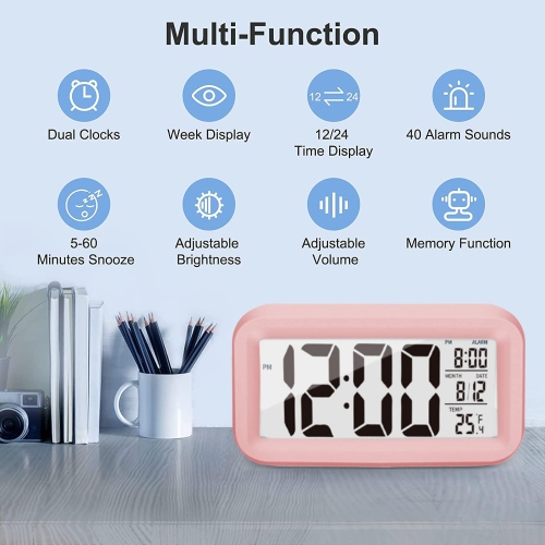 Digital Alarm Clock, Bedroom Alarm Clock with Smart Night Light, Room Temperature, Large LED Display, Battery Powered Desk Clock, English Version Pink