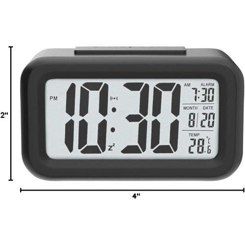 Réveil numérique, Réveil de chambre avec veilleuse intelligente, Température de la pièce, Grand affichage LED, Horloge de bureau alimentée par piles,