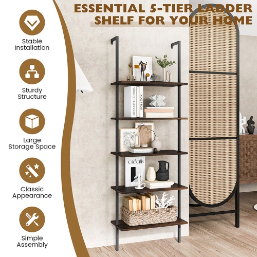 Gymax 2 PCS 5 Tier Ladder Shelf 71'' Wall-Mounted Bookshelf Display Storage Organizer