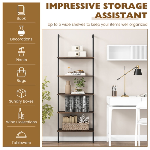 Gymax 2 PCS 5 Tier Ladder Shelf 71'' Wall-Mounted Bookshelf Display Storage Organizer