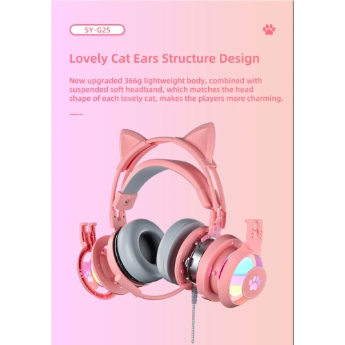 Computer Headset Cute Cat Ears Detachable PS5 Mobile Phone Wired Headset Stereo Gaming Headset Competitive Game with LED Light Heavy Bass Surround