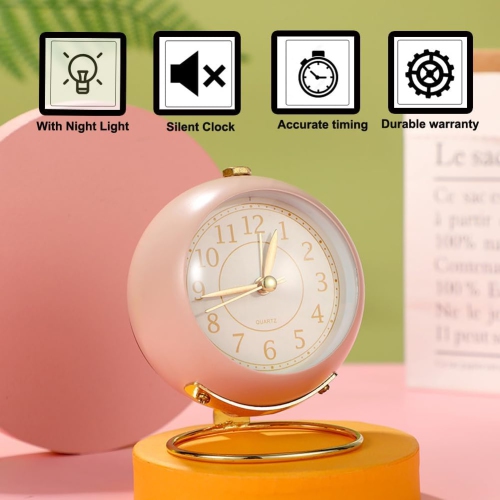 Small table clock classic tickless desktop alarm clock with backlight, retro style simple desktop small alarm clock Nordic round table clock bedside