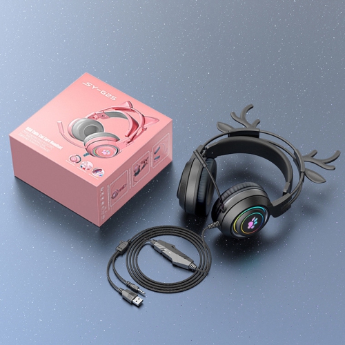 Computer Headset Cute Deer Ears Detachable PS5 Mobile Phone Wired Headset Stereo Gaming Headset Competitive Game with LED Light Heavy Bass Surround