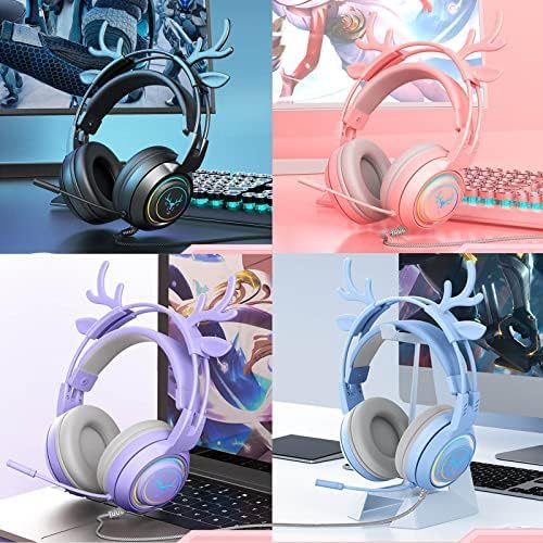 Computer Headset Cute Deer Ears Detachable PS5 Mobile Phone Wired Headset Stereo Gaming Headset Competitive Game with LED Light Heavy Bass Surround